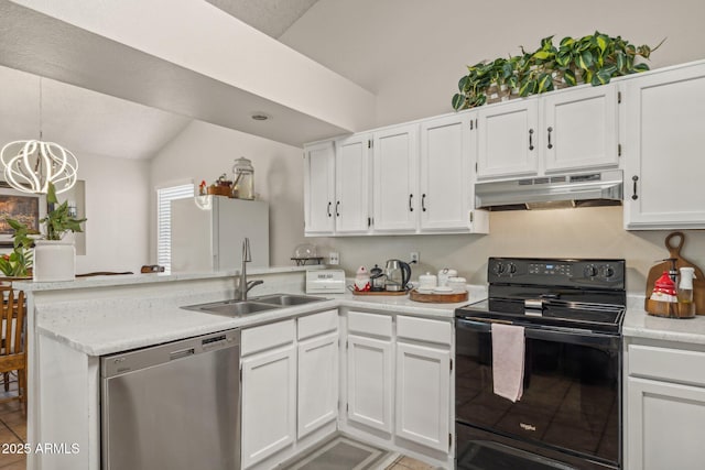 kitchen with black range with electric stovetop, dishwasher, sink, and white cabinets