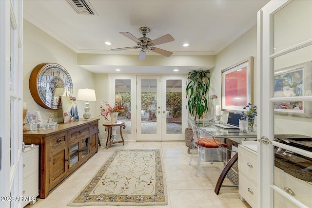 doorway with ceiling fan, light tile patterned floors, ornamental molding, and french doors