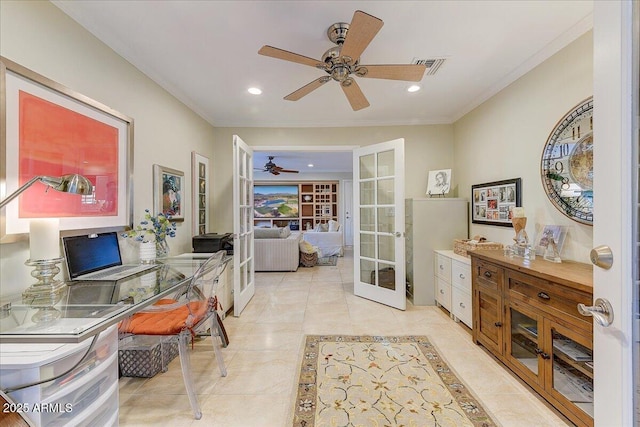 tiled office with ceiling fan, crown molding, and french doors