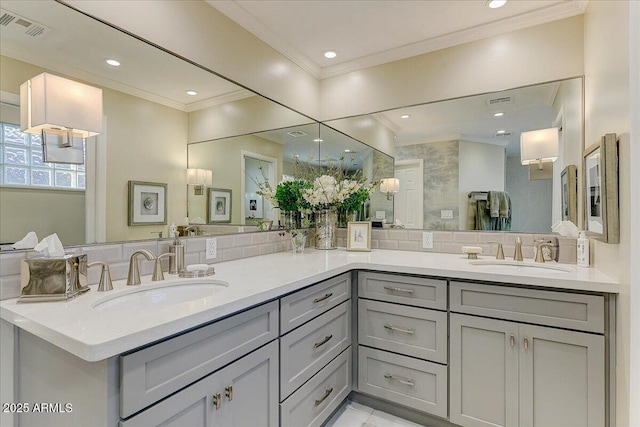 bathroom with a shower and vanity