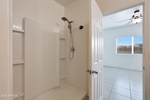 bathroom featuring tile patterned floors, ceiling fan, and a shower