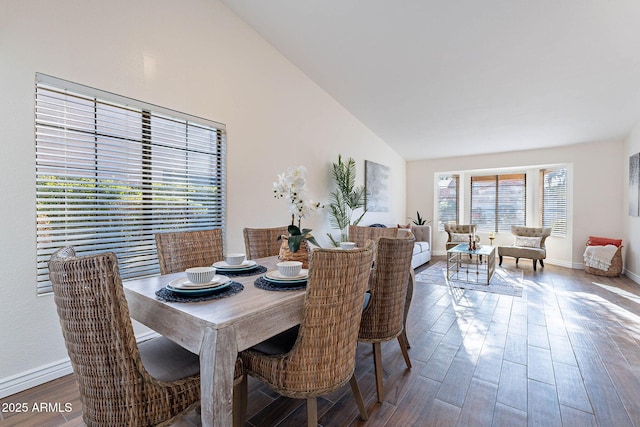 dining space featuring hardwood / wood-style flooring and high vaulted ceiling