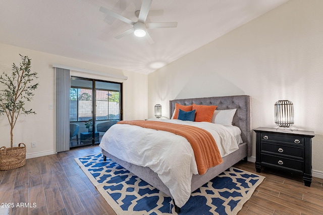 bedroom with dark hardwood / wood-style flooring, access to exterior, and ceiling fan