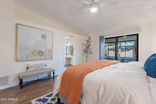 bedroom with lofted ceiling, ensuite bathroom, access to outside, dark hardwood / wood-style flooring, and ceiling fan