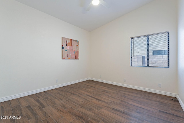 unfurnished room featuring dark wood-type flooring, ceiling fan, and lofted ceiling