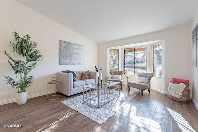 living room featuring lofted ceiling and dark hardwood / wood-style floors