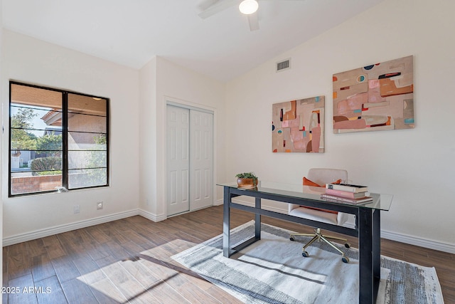 office with lofted ceiling, hardwood / wood-style floors, and ceiling fan