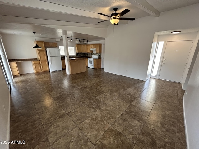 6842 S 42nd Pl, Phoenix, AZ 85042 - unfurnished living room with a ceiling fan, beamed ceiling, a textured ceiling, and baseboards