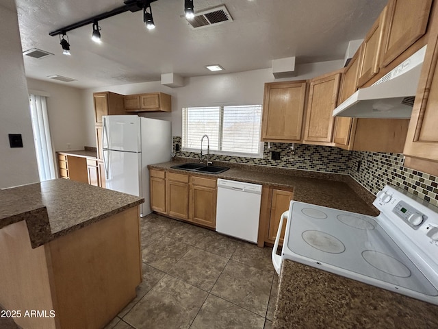 6842 S 42nd Pl, Phoenix, AZ 85042 - kitchen featuring white appliances, a sink, under cabinet range hood, backsplash, and dark countertops