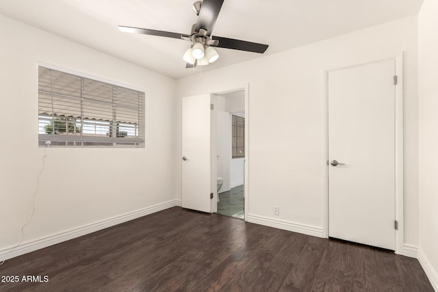 5635 N 35th Dr, Phoenix, AZ 85019 - unfurnished bedroom with wood finished floors, baseboards, ensuite bath, and ceiling fan
