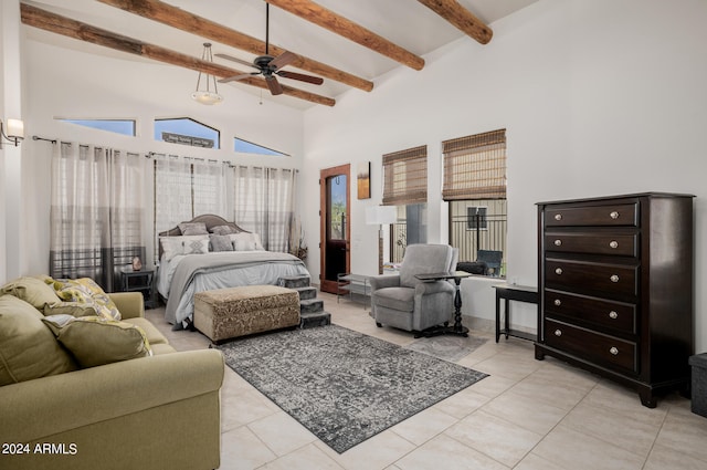 tiled bedroom featuring high vaulted ceiling, beamed ceiling, and ceiling fan