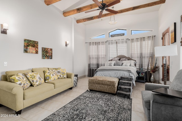 tiled bedroom featuring high vaulted ceiling, beamed ceiling, and ceiling fan