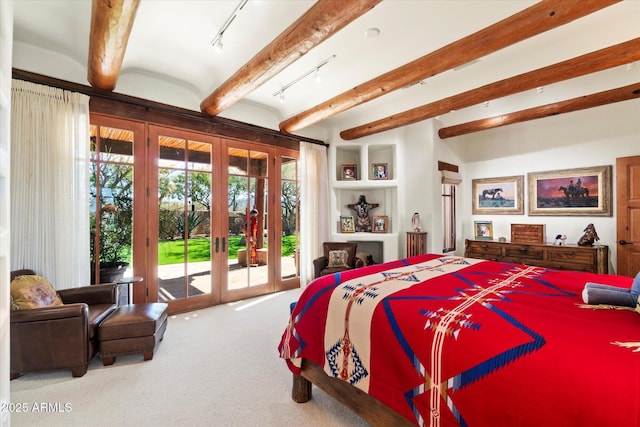 carpeted bedroom featuring french doors, beam ceiling, and access to outside