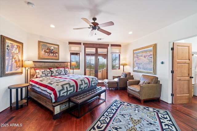 bedroom featuring french doors, ceiling fan, and dark wood-type flooring