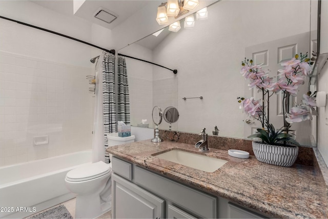 bathroom with toilet, vanity, and shower / bath combination with curtain