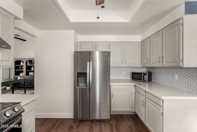kitchen with dark wood-type flooring, tasteful backsplash, a tray ceiling, and stainless steel appliances