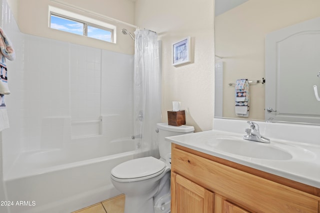 full bathroom with tile patterned floors, vanity, toilet, and shower / bathtub combination with curtain