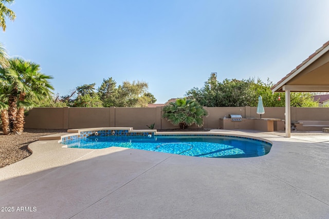 view of swimming pool featuring a patio, a fenced backyard, and a fenced in pool