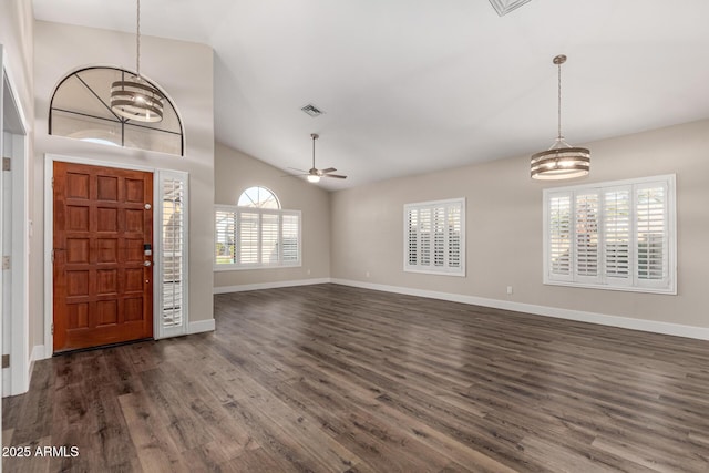 entrance foyer featuring a ceiling fan, baseboards, visible vents, high vaulted ceiling, and dark wood-type flooring