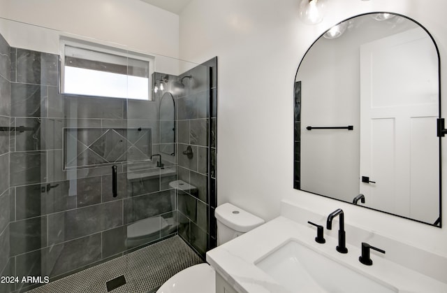 bathroom with vanity, an enclosed shower, and toilet