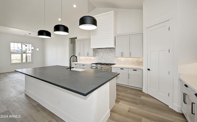 kitchen with sink, high vaulted ceiling, pendant lighting, light hardwood / wood-style floors, and stainless steel stove