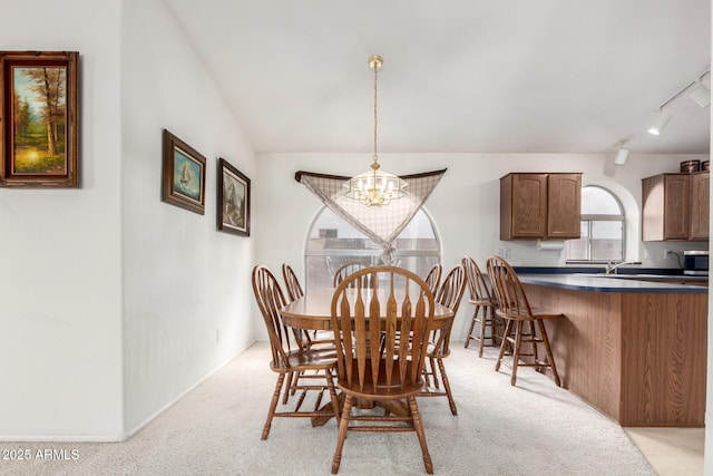 dining room with light carpet, a chandelier, and rail lighting