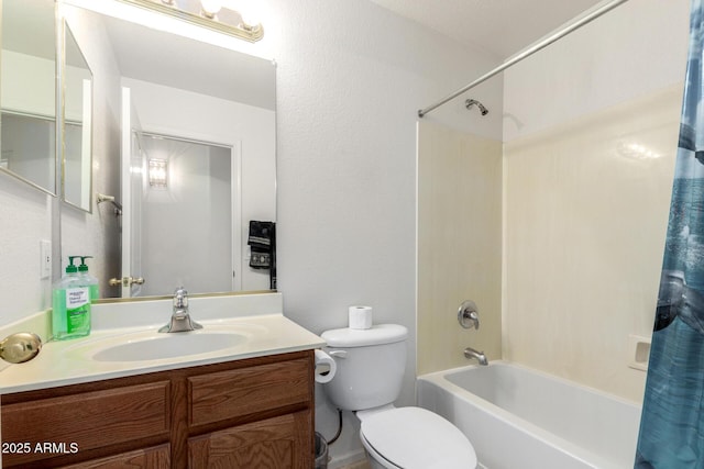 bathroom with toilet, vanity, and shower / bath combination with curtain