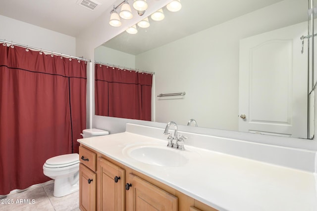 full bathroom with toilet, tile patterned floors, vanity, and visible vents