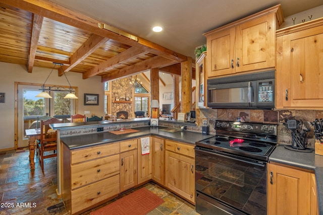 kitchen featuring beamed ceiling, kitchen peninsula, decorative backsplash, and black appliances