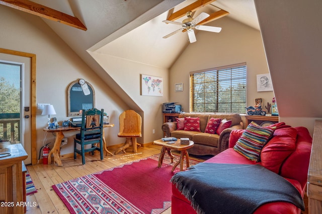 living room with beamed ceiling, ceiling fan, high vaulted ceiling, and light wood-type flooring