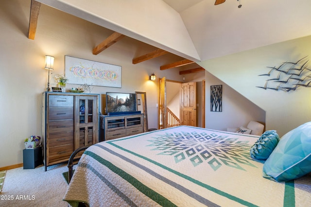 carpeted bedroom featuring beam ceiling