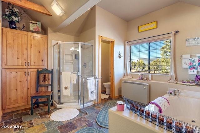 bathroom with shower with separate bathtub, lofted ceiling, and toilet