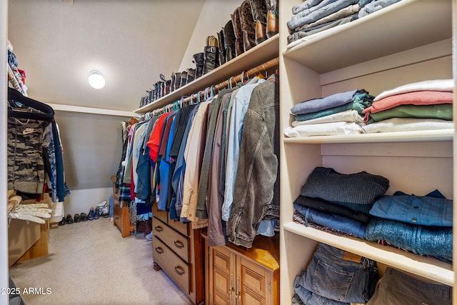 spacious closet featuring light colored carpet