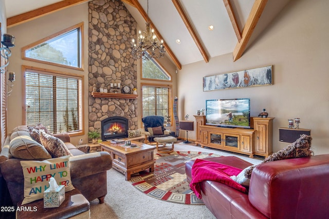 carpeted living room with beamed ceiling, a fireplace, a chandelier, and high vaulted ceiling