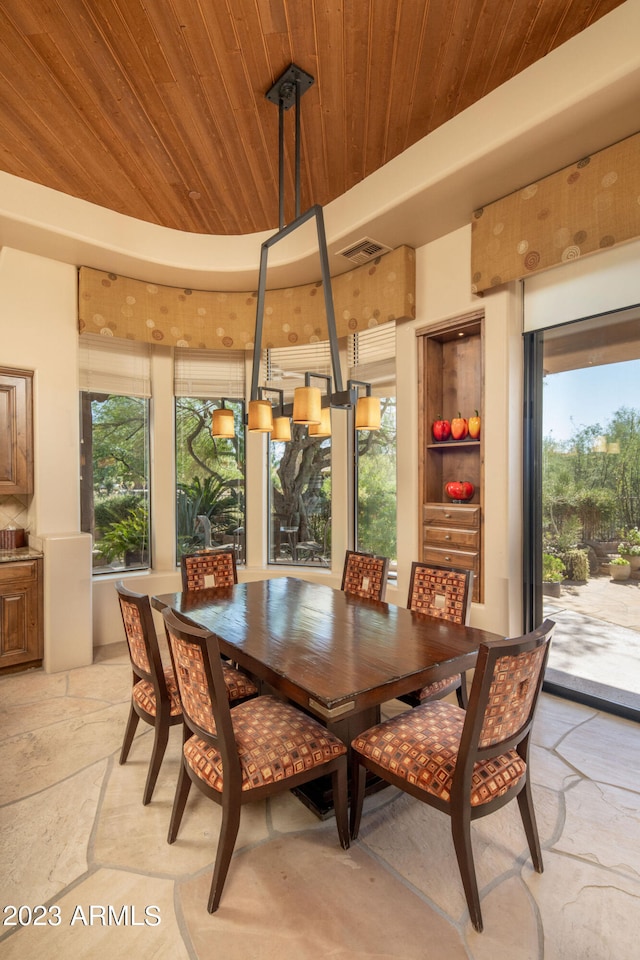 dining area with wooden ceiling and plenty of natural light