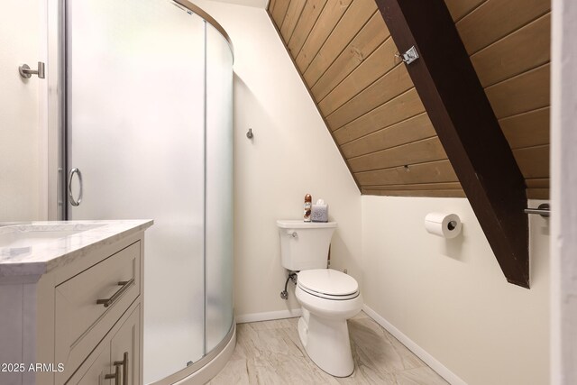 full bathroom with toilet, marble finish floor, a shower stall, baseboards, and vanity