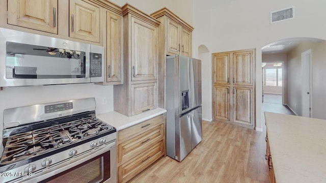 kitchen with light brown cabinetry, light hardwood / wood-style floors, and stainless steel appliances