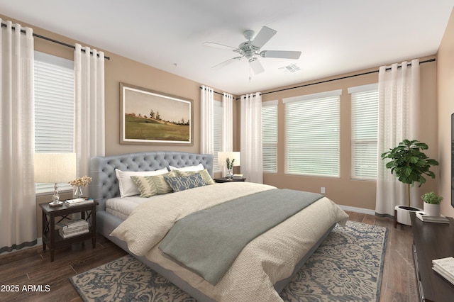 bedroom with dark wood-style floors, baseboards, visible vents, and a ceiling fan