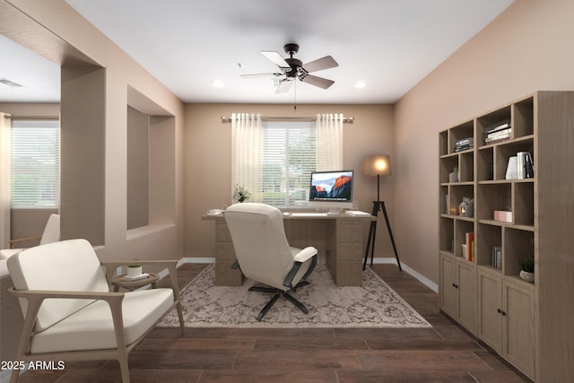 office featuring a ceiling fan, baseboards, dark wood-type flooring, and recessed lighting