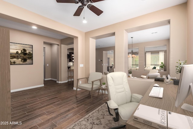 living room with wood finish floors, ceiling fan, baseboards, and recessed lighting