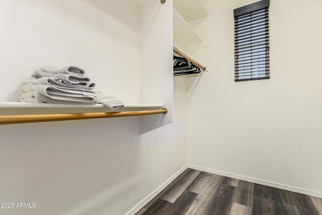 spacious closet with dark wood-style flooring