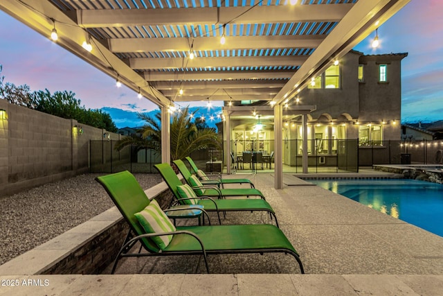 view of pool featuring a pergola, outdoor dining space, a fenced backyard, and a patio
