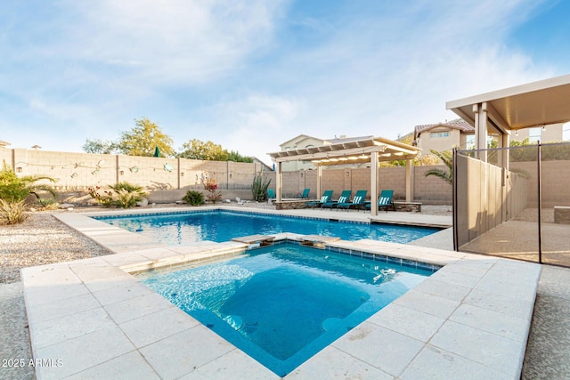 view of swimming pool featuring a patio, a fenced backyard, a fenced in pool, a pergola, and an in ground hot tub