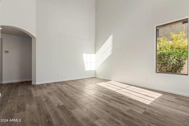 interior space with a high ceiling and dark hardwood / wood-style flooring