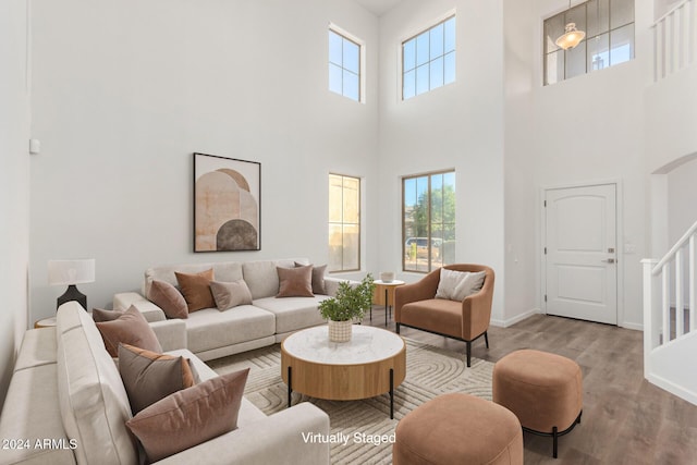 living room featuring hardwood / wood-style flooring and a towering ceiling