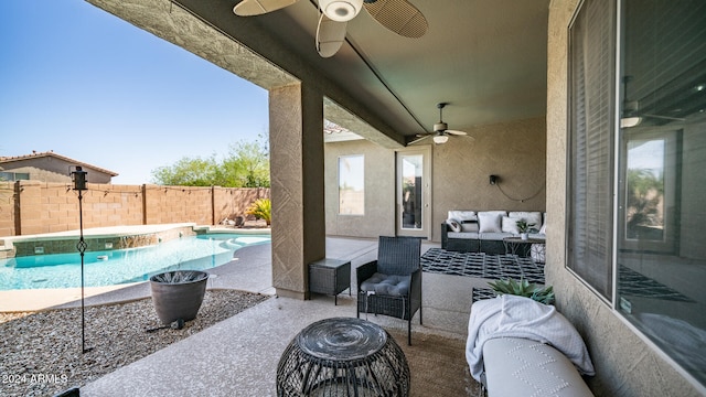 view of patio / terrace featuring an outdoor living space, a fenced in pool, and ceiling fan