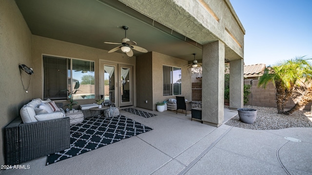 view of patio featuring an outdoor hangout area, french doors, and ceiling fan