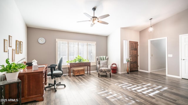 office space featuring lofted ceiling, ceiling fan, and dark wood-type flooring