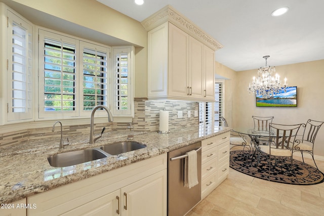 kitchen featuring sink, decorative backsplash, stainless steel dishwasher, and light stone countertops