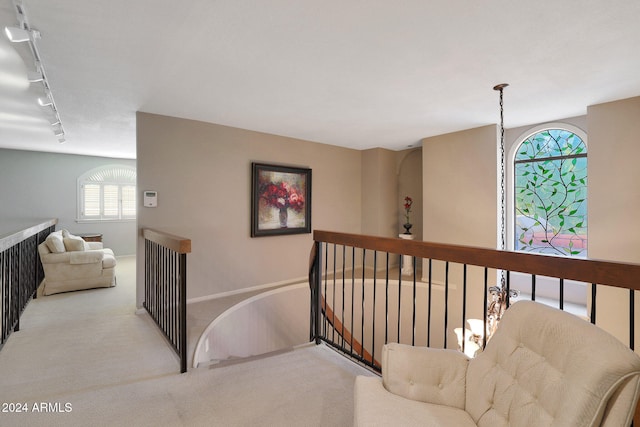 hallway featuring rail lighting and light carpet